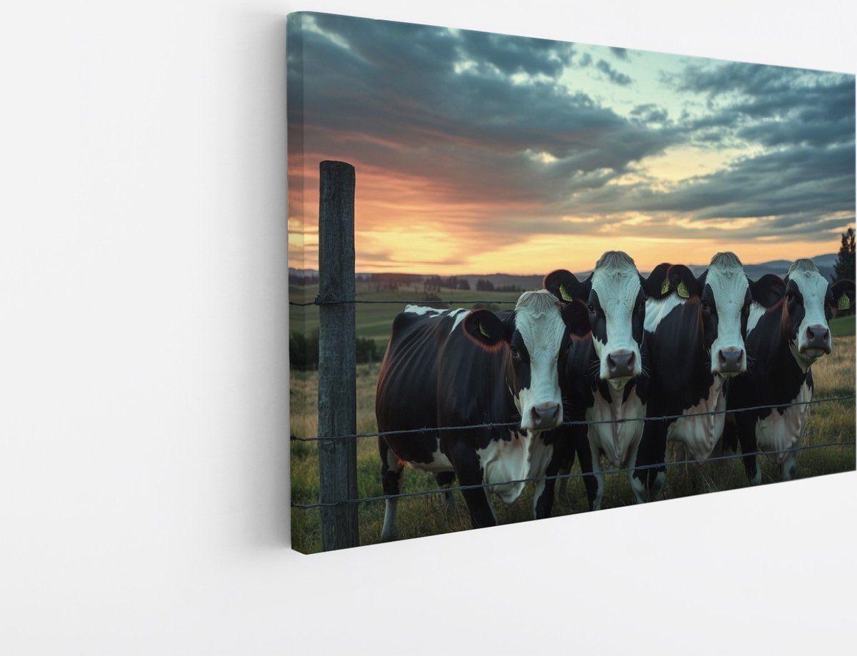 Saammp Canvas Schilderij - Koeien bij een hek - Landschap - Dieren - Natuur - 45x30 - Foto op canvas - Wanddecoratie - Muurdecoratie Woonkamer - Slaapkamer decoratie - Canvas Print Multicolor