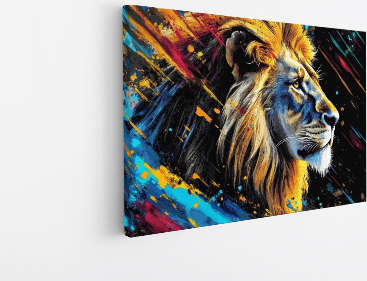 Saammp Canvas Schilderij - Leeuw met verfspetters - Dieren - Natuur - 45x30 - Foto op canvas - Wanddecoratie - Muurdecoratie Woonkamer - Slaapkamer decoratie - Canvas Print Multicolor