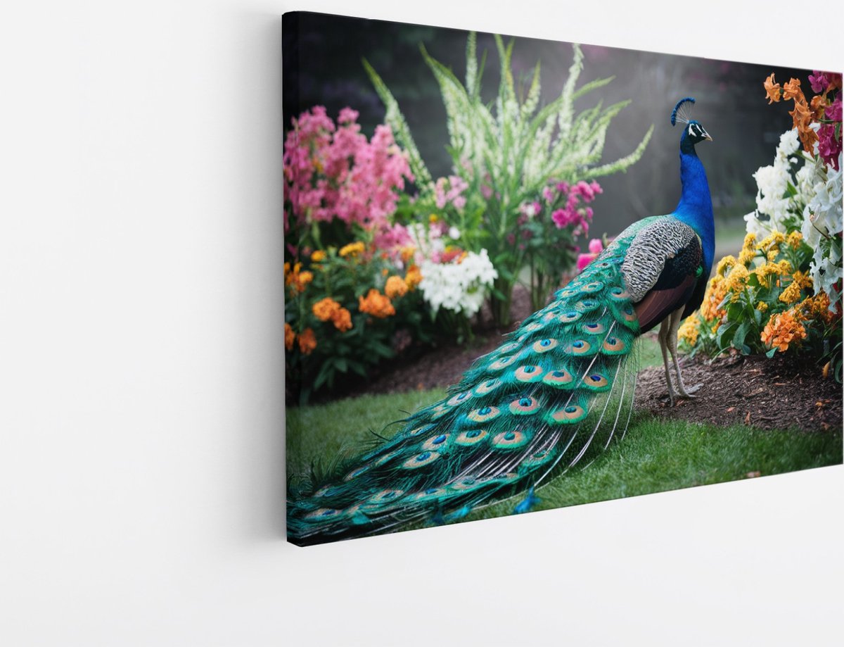 Saammp Canvas Schilderij - Pauw in bloementuin - Dieren - Natuur - 30x20 - Foto op canvas - Wanddecoratie - muurdecoratie Woonkamer - Slaapkamer decoratie - Canvas Print Multicolor