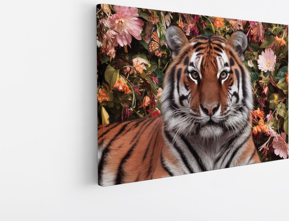 Saammp Canvas Schilderij - Tijger tussen de bloemen - Dieren - 30x20 - Foto op canvas - Wanddecoratie - muurdecoratie Woonkamer - Slaapkamer decoratie - Canvas Print Multicolor