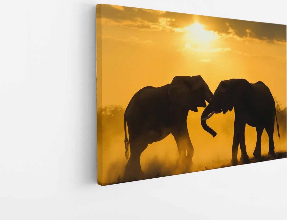 Saammp Canvas Schilderij - 2 Spelende Olifanten tijdens zonsondergang - Dieren - 30x20 - Foto op canvas - Wanddecoratie - muurdecoratie Woonkamer - Slaapkamer decoratie - Canvas Print Multicolor
