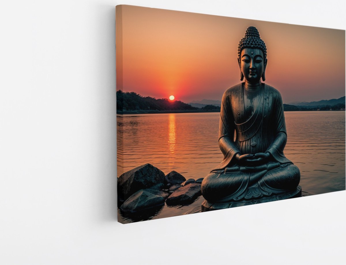 Saammp Canvas Schilderij - Boeddha bij het water tijdens Zonsondergang - 40x30 - Foto op canvas - Wanddecoratie - Muurdecoratie Woonkamer - Canvas schilderijen Multicolor