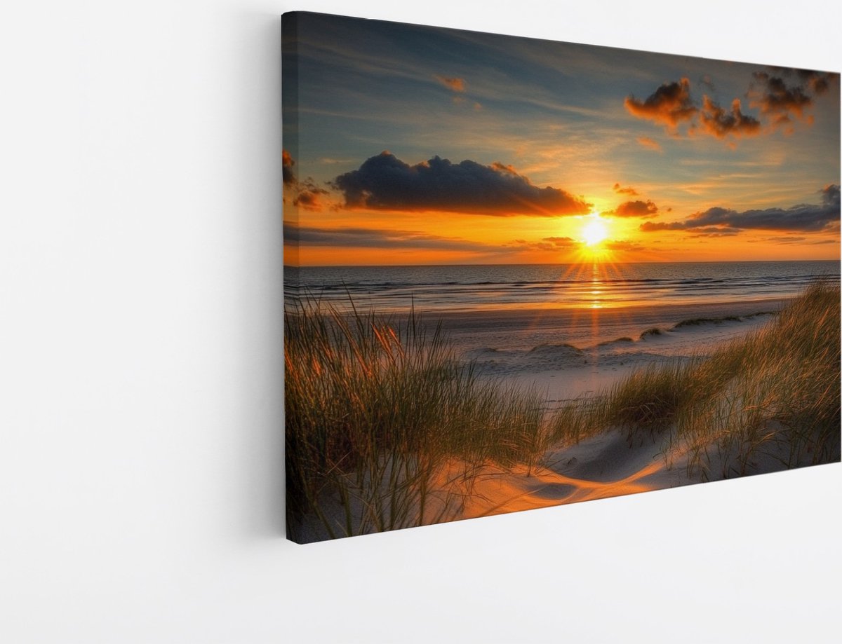 Saammp Canvas Schilderij - Strand met zonsondergang - Zee - Duinen - 45x30 - Foto op canvas - Wanddecoratie - muurdecoratie Woonkamer - Slaapkamer decoratie - Canvas Print Multicolor
