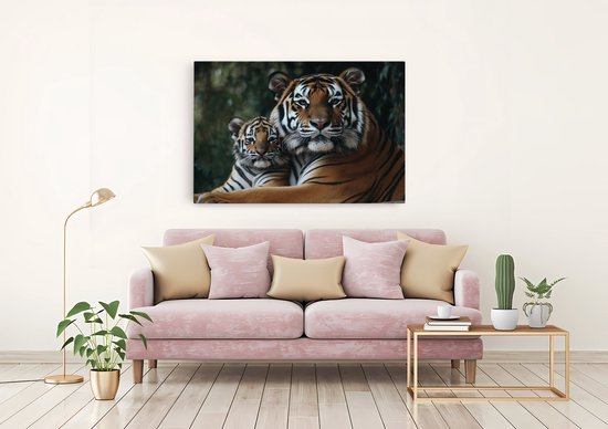 Saammp Canvas Schilderij - Tijger welp met moeder - Natuur - Dieren - 150x100 - Foto op canvas - Wanddecoratie - muurdecoratie Woonkamer - Slaapkamer decoratie - Canvas Print