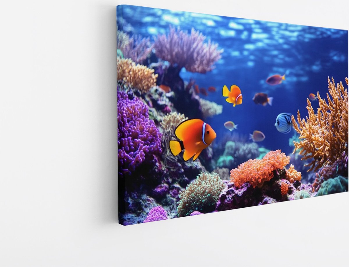 Saammp Canvas Schilderij - Vissen - Koraal - Landschap - Natuur - 150x100 - Foto op canvas - Wanddecoratie - Muurdecoratie Woonkamer - Slaapkamer decoratie - Canvas Print Multicolor
