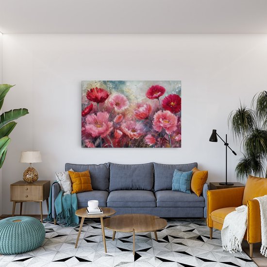 Saammp Canvas Schilderij - Roze met rode bloemen - Abstract - 30x20 - Foto op canvas - Wanddecoratie - Muurdecoratie Woonkamer - Kantoor Decoratie