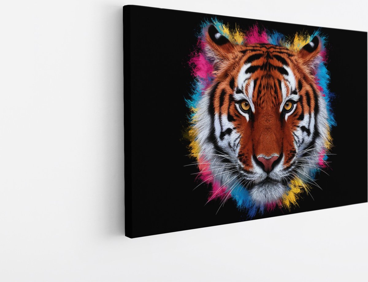 Saammp Canvas Schilderij - Kleurrijke Tijger - Portret - Dieren - Abstract - 70x50 - Foto op canvas - Wanddecoratie - muurdecoratie Woonkamer - Slaapkamer decoratie - Canvas Print Multicolor