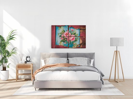 Saammp Canvas Schilderij - Bloemen op hout - Abstract - 60x40 - Foto op canvas - Wanddecoratie - Muurdecoratie Woonkamer - Kantoor Decoratie