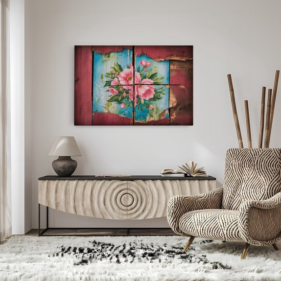 Saammp Canvas Schilderij - Bloemen op hout - Abstract - 60x40 - Foto op canvas - Wanddecoratie - Muurdecoratie Woonkamer - Kantoor Decoratie