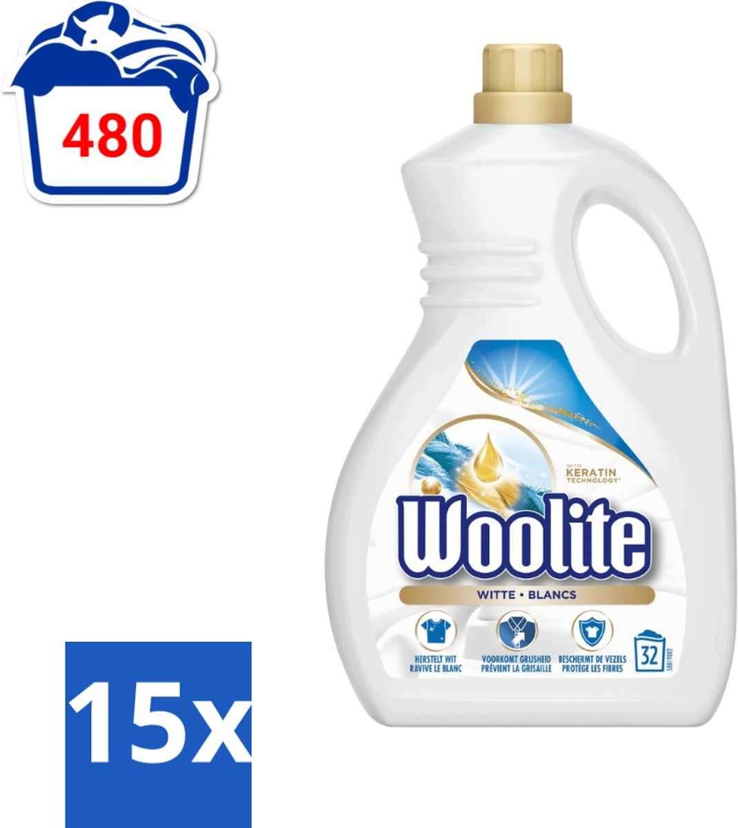 15 x Woolite White - Vloeibaar Wasmiddel - Met Keratine - Witte Was - 32 Wasbeurten - 1,9L - Wasmiddel Wit - Keratine Wasmiddel - Witte Was - Witte Kleding - Wasbeurten
