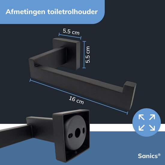 Sanics Seal Porte-rouleau de papier toilette Zwart avec kit de montage - Porte-rouleau de papier toilette en acier inoxydable - Porte- Papier toilette - Porte-rouleau de papier toilette