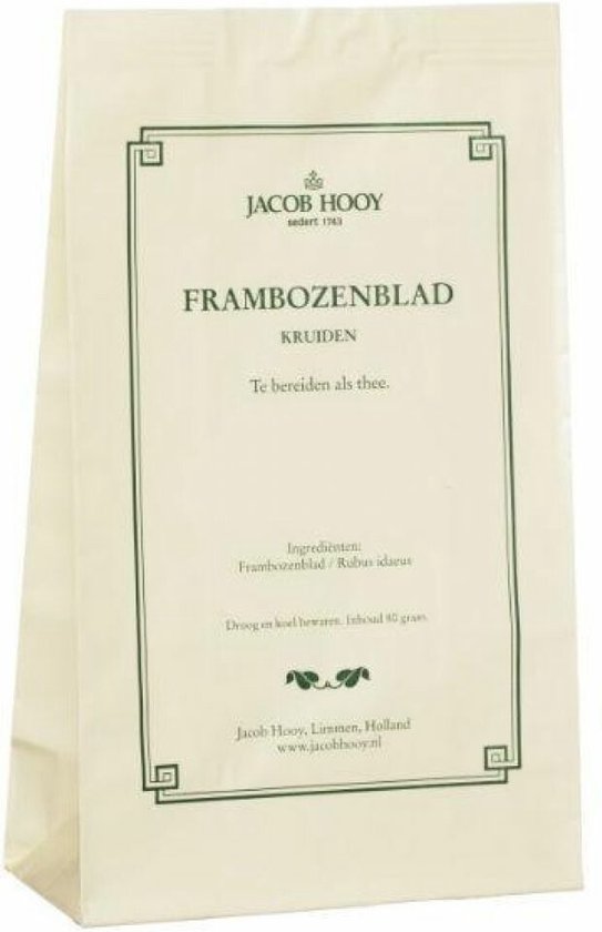 Crème kleurige zak met groene rand, met 'Framzenenblad Kruiden' en bereidingsinstructies.