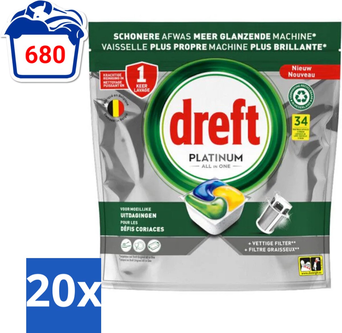 20 x Dreft Platinum - All In One - Vaatwascapsules - Citroen - 34 Afwasbeurten - Vaatwasmiddel - Vaatwascapsule - Citroengeur - Vaatwasser Reinigen - Vetfilter Reinigen