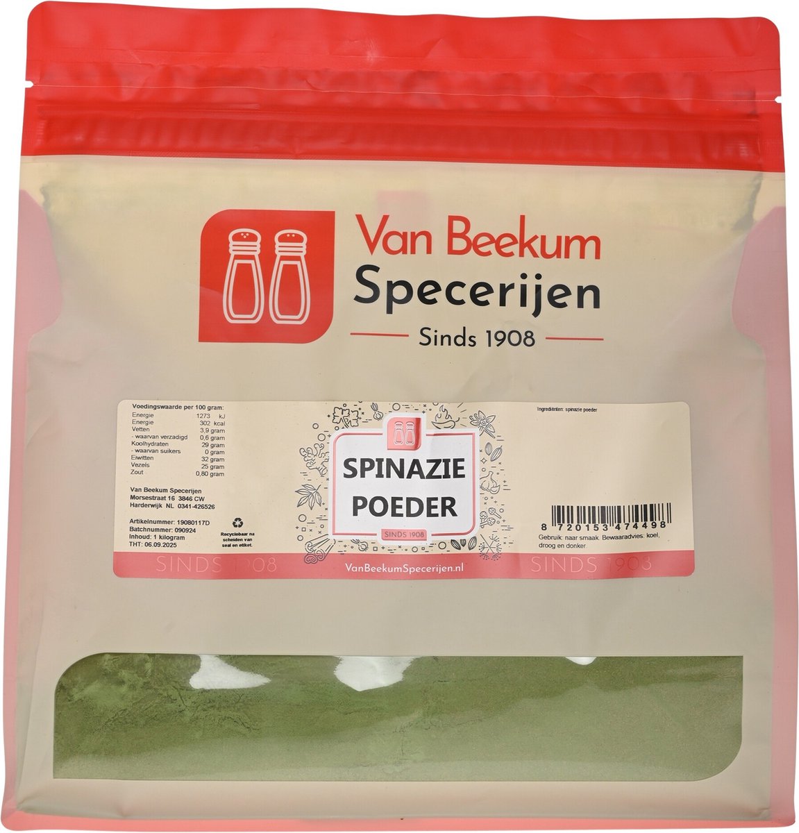 Goedkoopste Van Beekum Specerijen - Spinazie Poeder - 1 kilo (hersluitbare stazak
