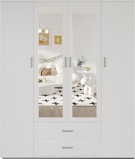 Armoire Interiax «Lena» – 4 Portes, 2 tiroirs, 1 cintre, 2 Miroirs et 7 Étagères | Blanc | 185x160x52cm