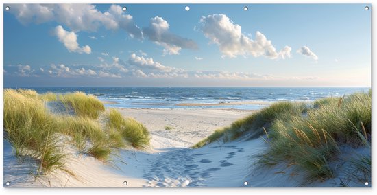 Tuinposter 200x100 cm - Tuindecoratie Duinen - Zomer - Zon - Landschap - Zee - Poster voor in de tuin - Buiten decoratie - Schutting tuinschilderij - Tuindoek muurdecoratie - Wanddecoratie balkondoek