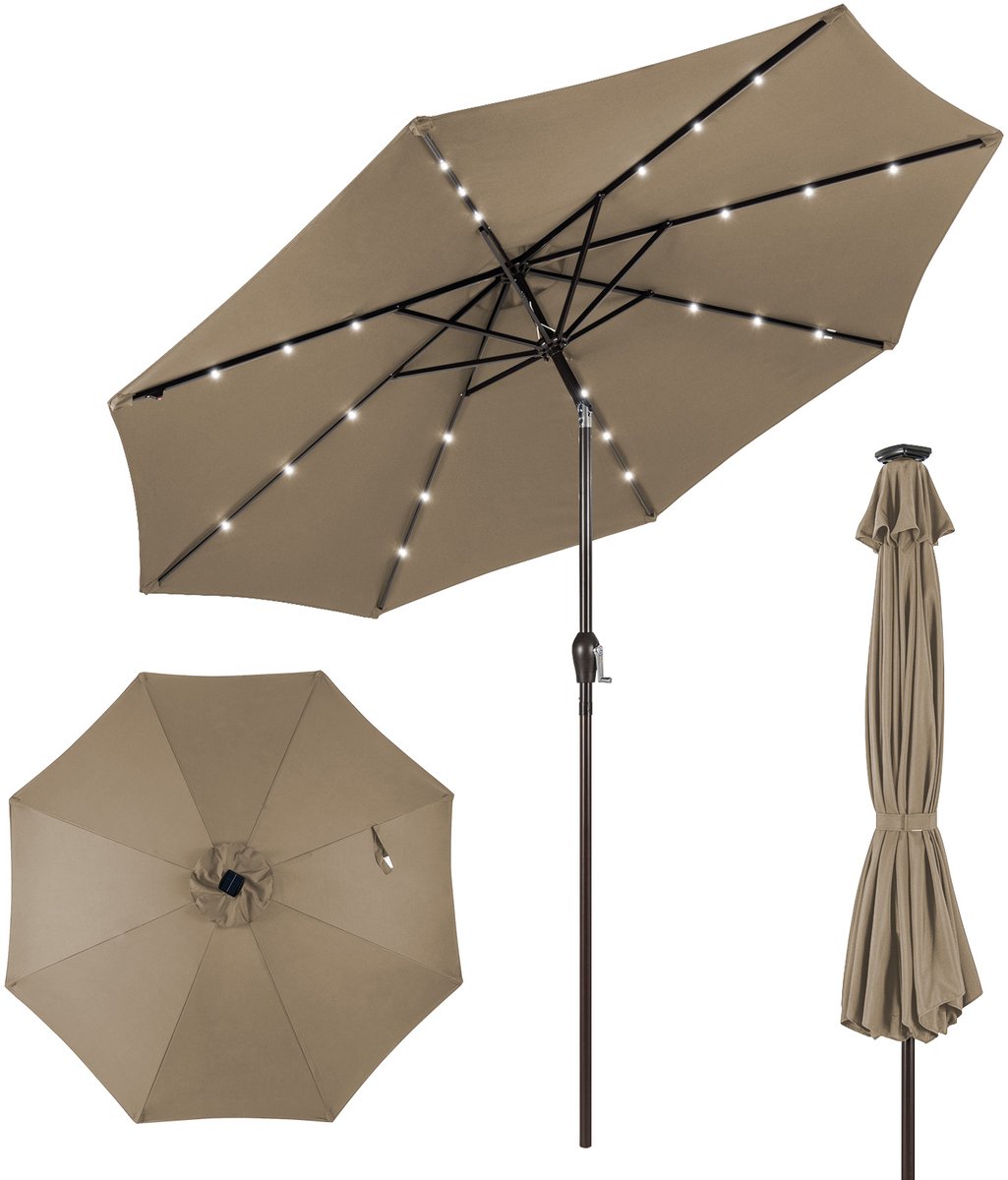 COSTWAY Ø300 cm led-parasol, tuinparasol, marktscherm met solarverlichting, terrasparasol achthoek, zwengelparasol, strandscherm, zweefparasol, hangscherm, kleurkeuze