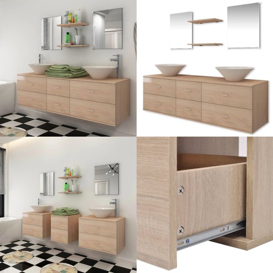 vidaXL Badkamermeubelset met wasbak beige 7-delig - Badkamer Meubel - Badkamer Meubels - Badkamermeubel - Badkamermeubels