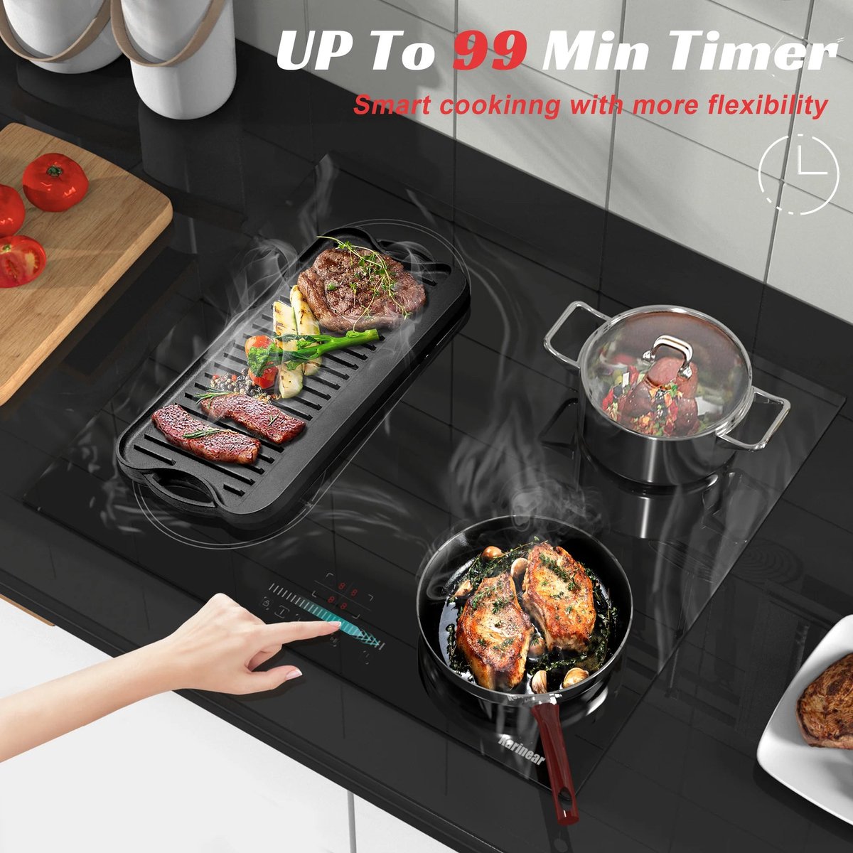 Inductie kookplaat - Induction Hob - Induction Cook Top - Inductie Fornuis - Elektrische Brander - stekker en flexzone - 3500W - met touchbediening - 4-pits inductiekookplaat - met marmering - veiligheidsslot - Zwart
