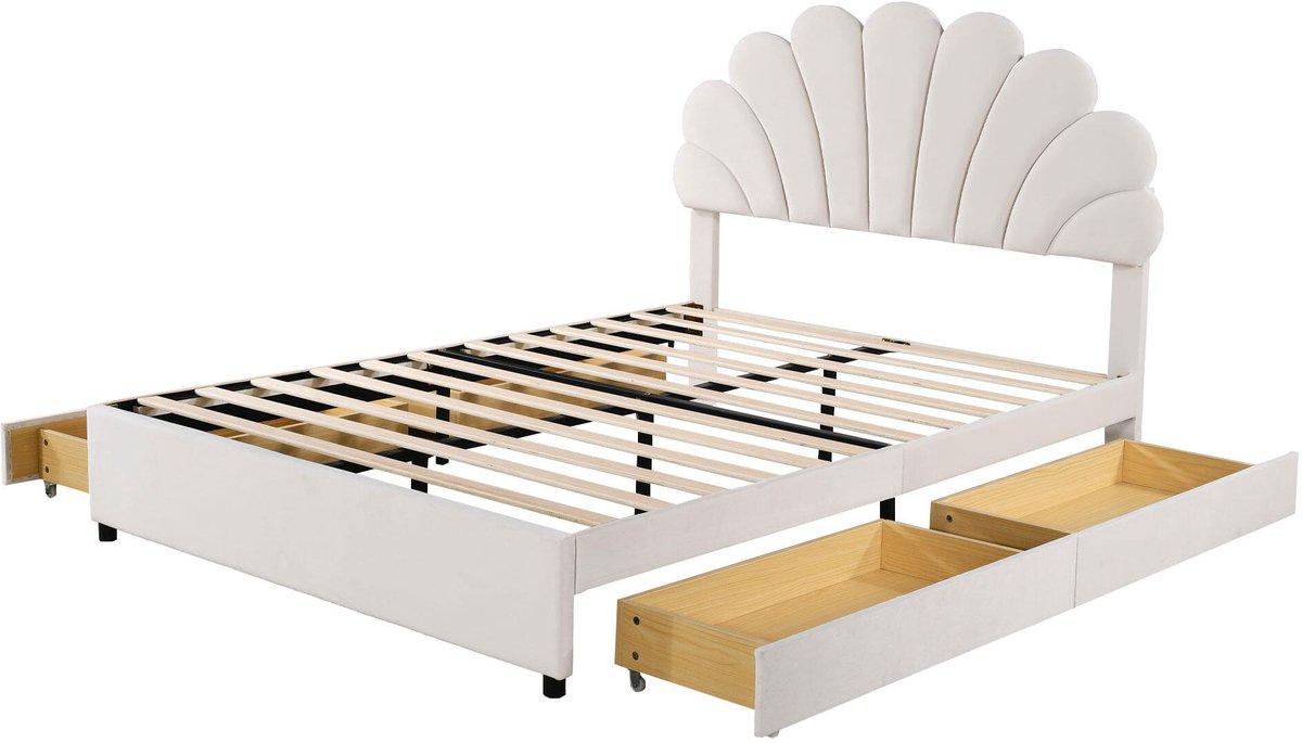 Merax Gestoffeerd Tweepersoonsbed 140x200 cm - Bed in Luxe Fluweel met Bladvormig Hoofdbord en 4 Opberglades - Beige
