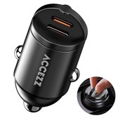Chargeur allume-cigare Accezz 2x USB C - Chargeur rapide 65 W - Chargeur allume-cigare compact - Chargeur USB - Zwart