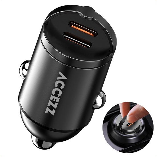 Accezz Autolader 2x USB C - Snellader 65W - Compacte Auto Oplader - USB lader - Zwart