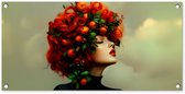 Tuinposter 80x40 cm - Tuindecoratie Vrouw - Appels - Rood - Bladeren - Poster voor in de tuin - Buiten decoratie - Schutting tuinschilderij - Tuindoek muurdecoratie - Wanddecoratie balkondoek