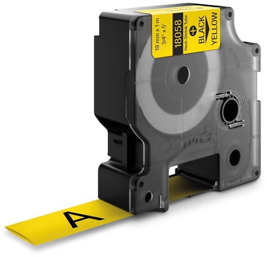 DYMO Rhino labelcassette met gele Heat-Shrink Tube, zwarte afdruk, 19 mm x 1,5 m.