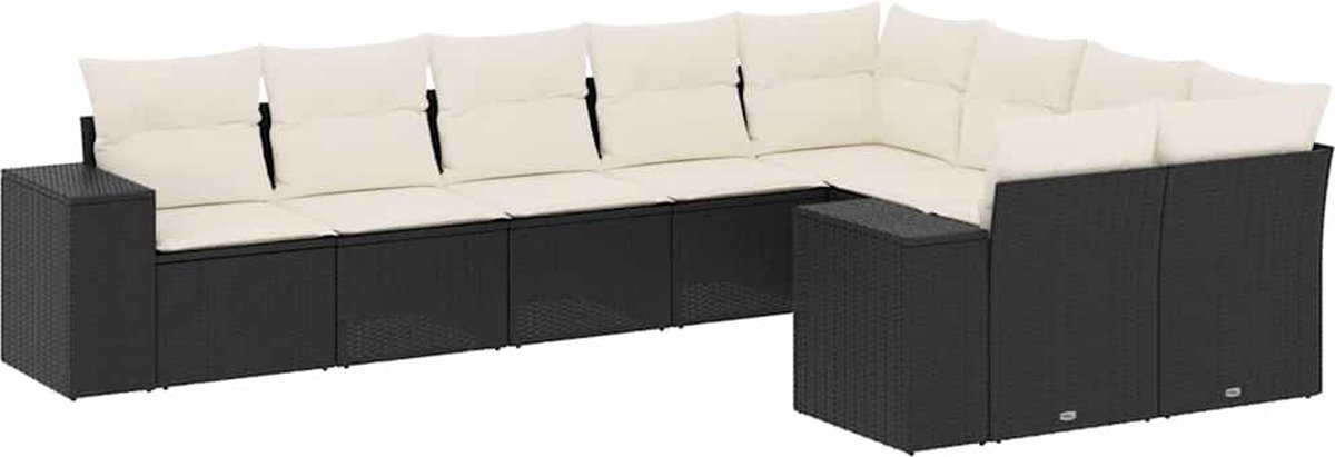 The Living Store 9-delige Loungeset met kussens poly rattan zwart - Loungebank - Lounge Set - Tuinset - Buitendiner - Tuinbank