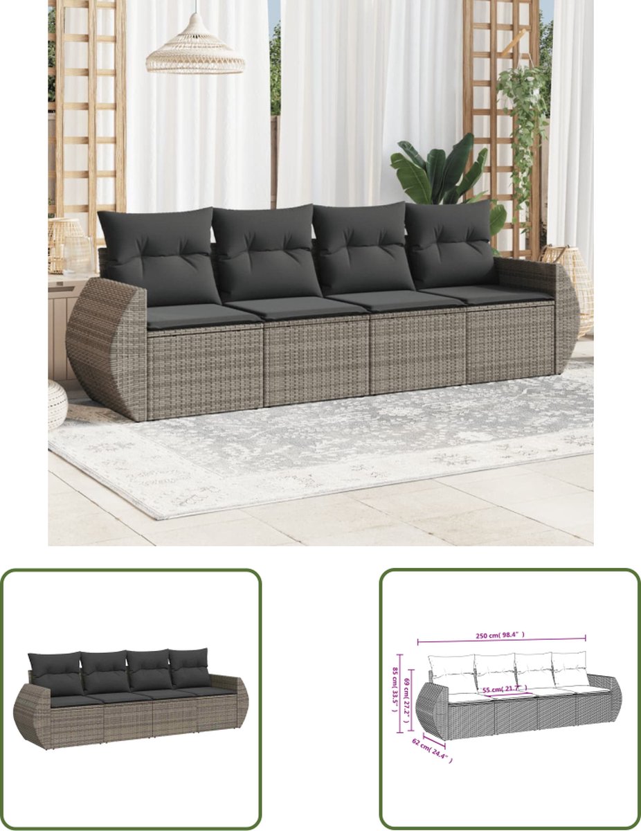 Grijze poly rattan loungeset met kussens voor buiten.