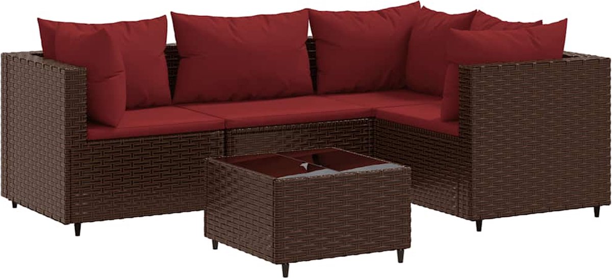 The Living Store 5-delige Loungeset met kussens poly rattan bruin - Loungeset - Tuinmeubels - Lounge Set - Buitendecoratie - Outdoor Furniture