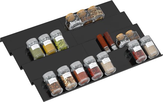 SpaceAid Bamboe kruidenlade organizer met 24 kruidenpotten, 378 witte minimalistische kruidenetiketten, 3-laags kruidenrek lade inzetstuk voor keukenladen, 38 cm breed x 38 cm diep x 6,6 cm hoog