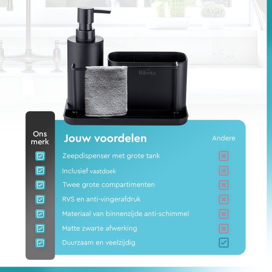 Rilenta® Organiseur de comptoir et de Cuisine avec porte-torchon et distributeur de savon - Chiffon de nettoyage inclus - Égouttoir - Support d'évier pratique pour torchons et Essuies de vaisselle - Organiseur de meuble d'évier - Zwart mat