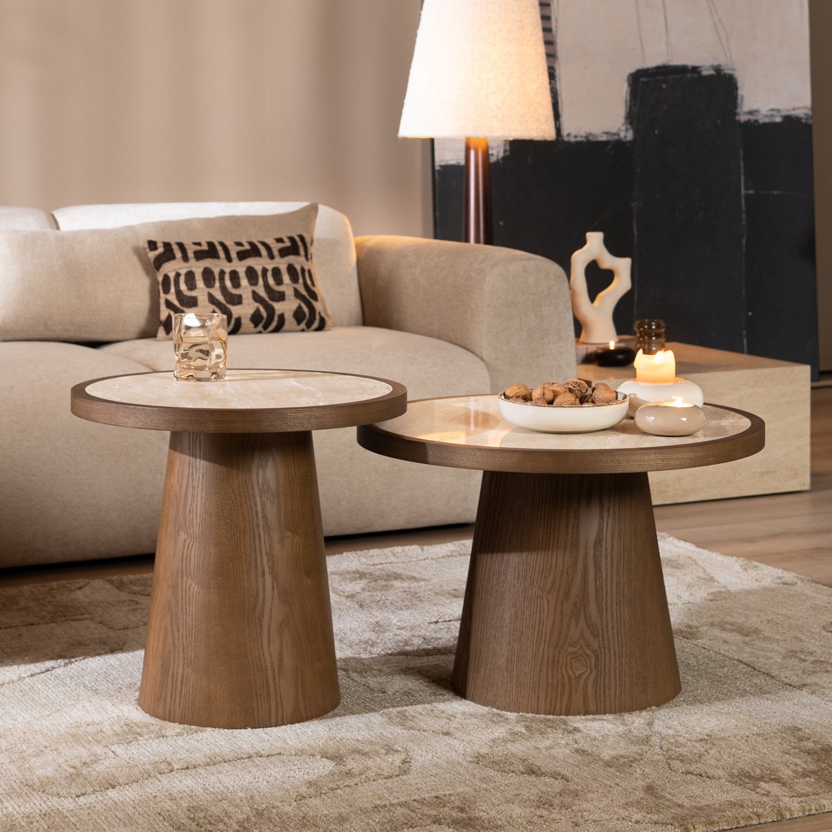 Bronx71® Salontafels Mae set van 2 Ø50 en Ø62 cm travertin/rustiek eiken - Salontafel rond