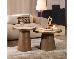 Bronx71® Salontafels Mae set van 2 Ø50 en Ø62 cm travertin/rustiek eiken - Salontafel rond