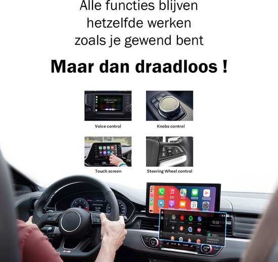 Auto dashboard met touchscreen, draaiknoppen, stuurwielbediening en "Voice control".