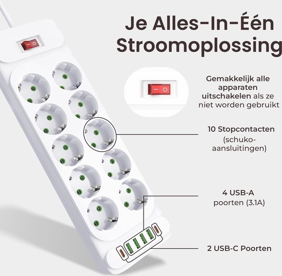 Multiprise blanche avec 10 prises schuko, 4 ports USB-A (3.1A) et 2 ports USB-C.