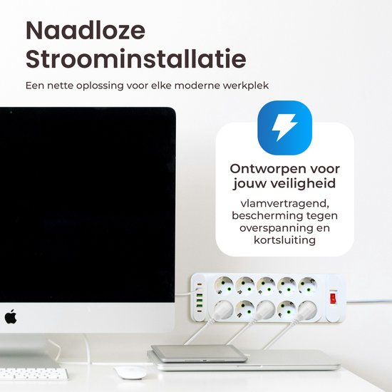Multiprise blanche avec 10 prises, à côté d'un iMac Apple.