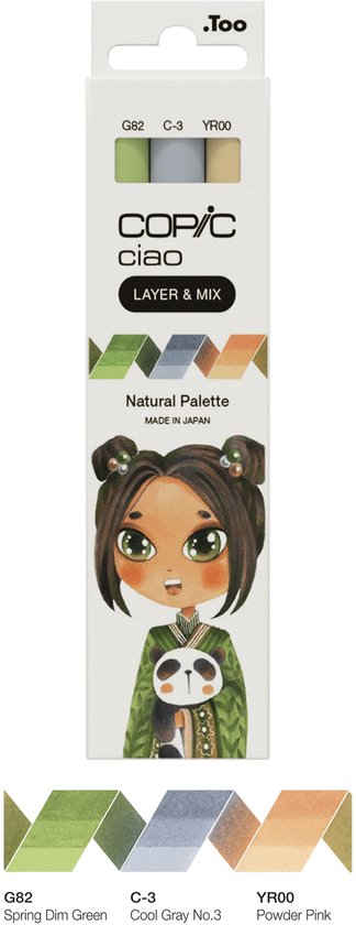 Palette Copic Ciao « LAYER & MIX » Natural , 3 pièces, beige, vert clair, Grijs clair, pointe biseautée/pinceau, ronde, encre à base d'alcool, adulte/enfant