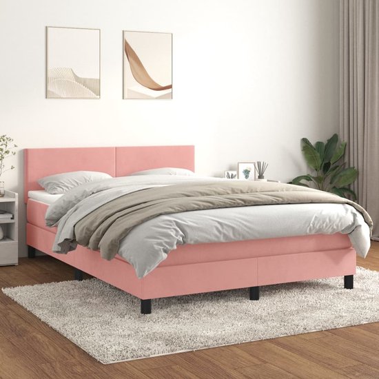 vidaXL Boxspring avec matelas Velours Rose 140x190 cm - Boxspring - Sommiers - Lit - Meubles de couchage