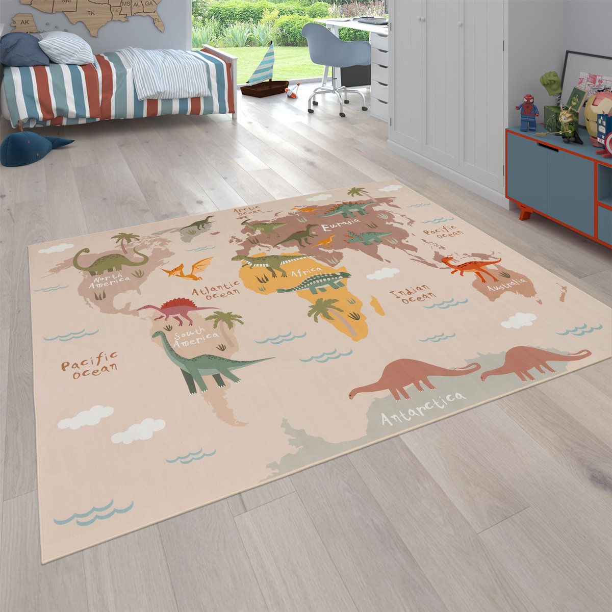 Flycarpets Binola Kindervloerkleed Beige / Kleurrijk - 120x160 cm - Wereldkaart / Dinosaurus Speelkleed / Speelmat - Laagpolig Vloerkleed Kinderkamer