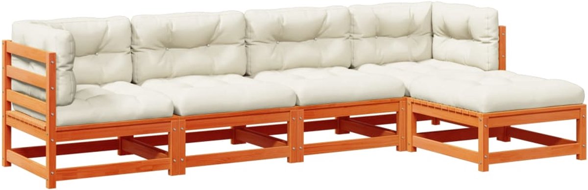 The Living Store 5-delige Loungeset met kussens massief grenenhout wasbruin - Loungebank - Tuinset - Houten Bank - Buitendiner Set - Lounge Set