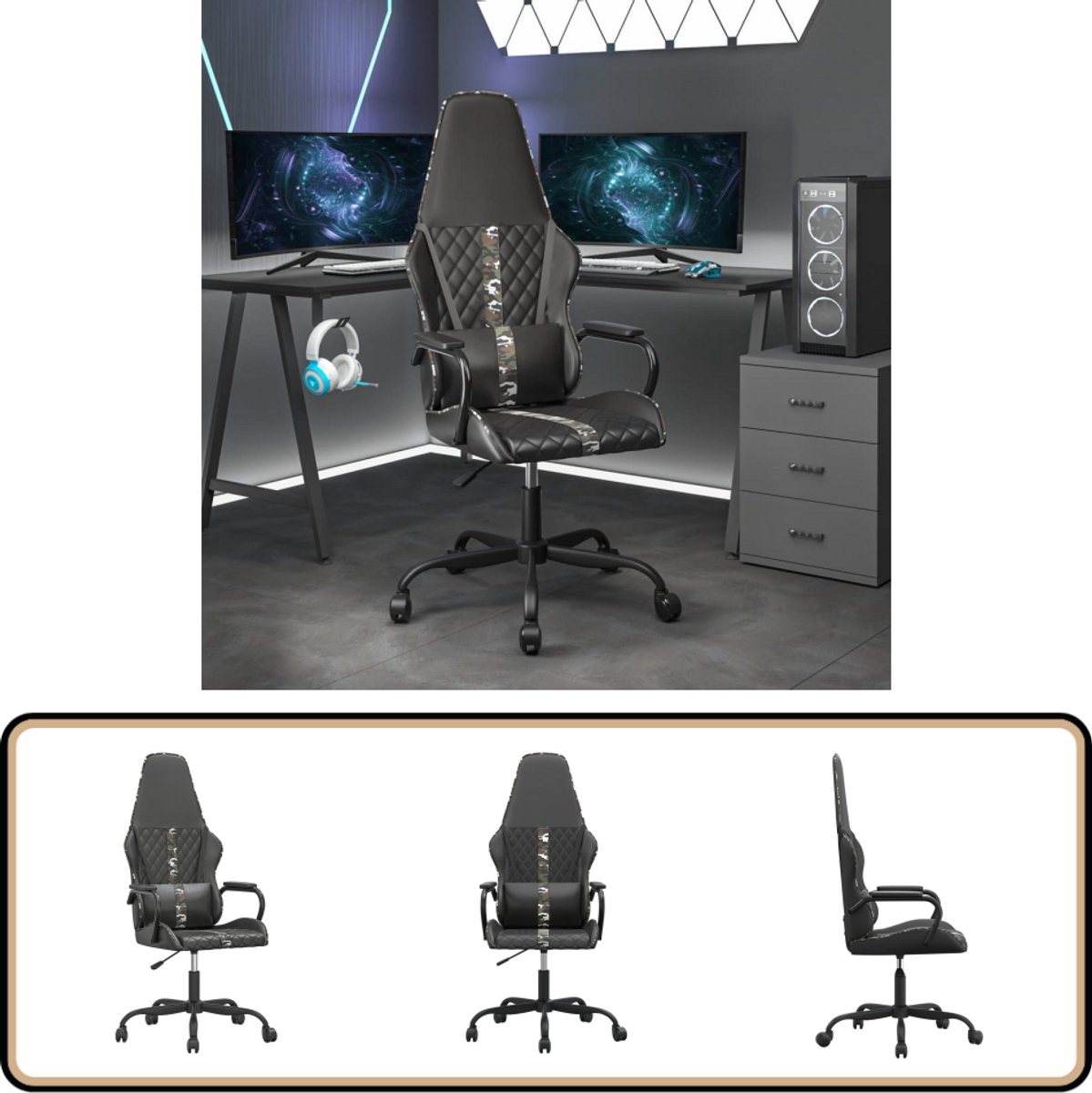 vidaXL Gamestoel - kunstleer - zwart - en - camouflage zwart en camouflage
