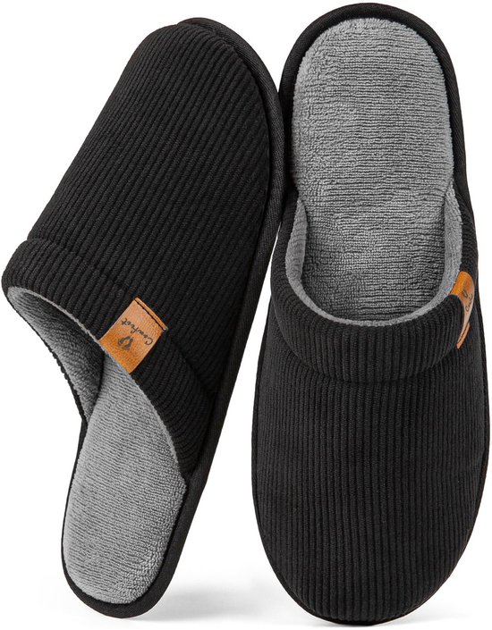 Foto: Pantoffels heren sloffen maat 46 47 zwart corduroy anti slip comfeet
