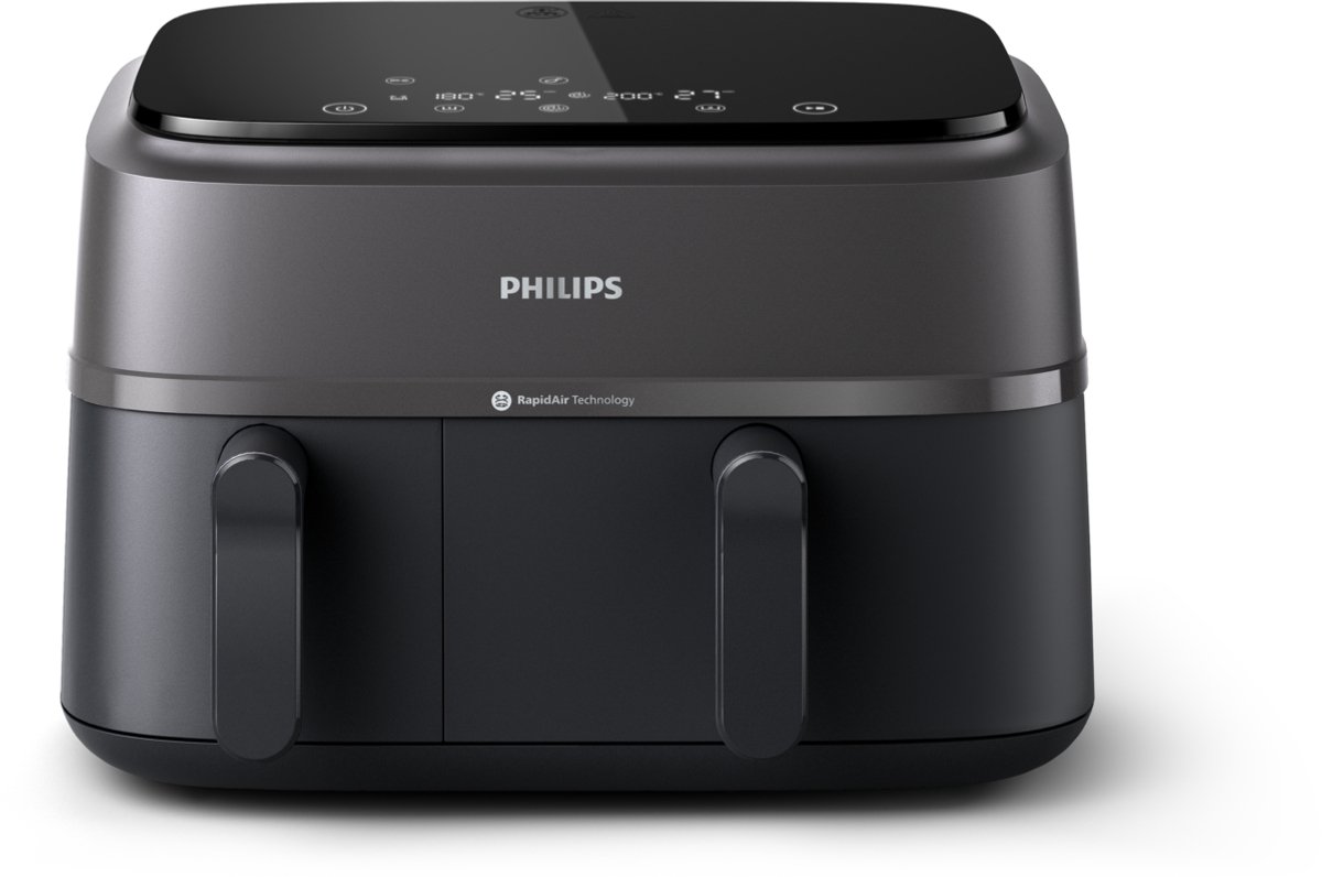 Afbeelding 2 van Philips 3000 Series Dual Airfryer - NA350/03 - Dubbele Mand - 9L - Tot 6 Personen - Zwart/Grijs - Met accessoires