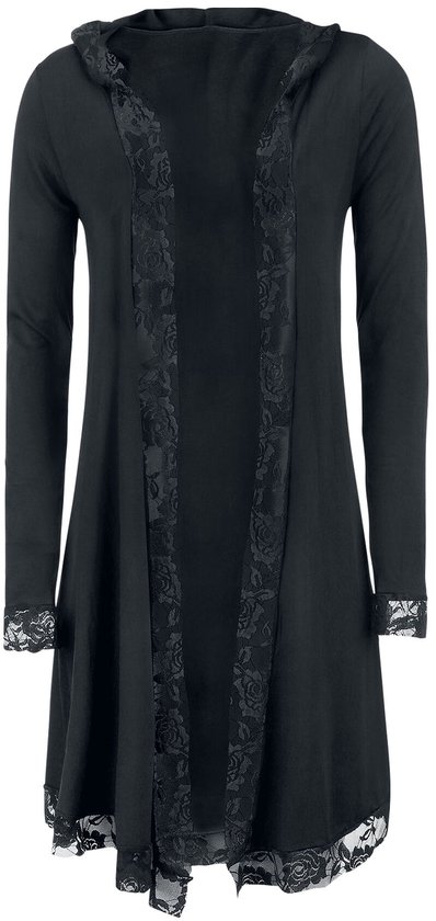 Long gilet noir à manches longues, orné de larges bandes de dentelle le long de l'ouverture, des manches et de l'ourlet.