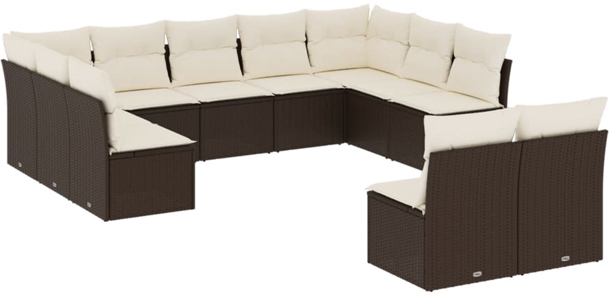 The Living Store 11-delige Loungeset met kussens poly rattan bruin - Loungeset - Tuinset - Lounge - Buis Meubel - PE-rattan