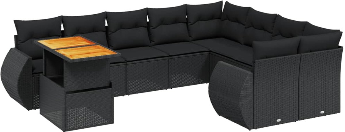 The Living Store 10-delige Loungeset met kussens poly rattan zwart - Loungeset - Tuinset - Loungehoek - Buitendecoratie - Tuinmeubels