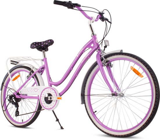 Heart Bike Kinderfiets 24 inch meisjes van 8 tot 12 jaar, Paars, Fiets voor een meisje met 7 versnellingen, bagagedrager, metalen spatborden, V-brake, kettingkast