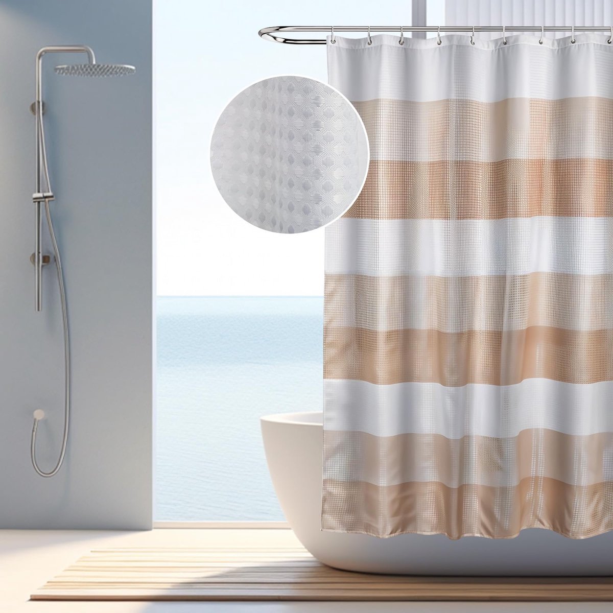 My Ninki ® Douchescherm Met Wafelpatroon Voor Badkamerdecoratie, Waterbestendig Polyester, Inclusief 12 Haken, 180 x 180 cm, Khaki